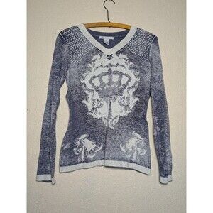 Cabi Blue Gray Crown Graphic Knit Sweater Size Medium Gothic Royalcore Baroque